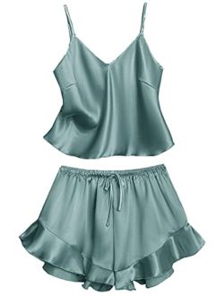 Women's Sexy Silk Satin Ruffled Pajamas Sets Cami Shorts Sets Sleepwear
