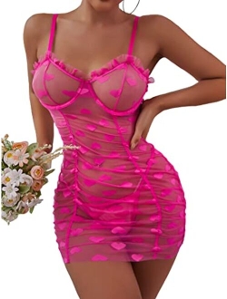 Women's Sexy Heart Mesh See Through Lingerie Babydoll Sleepwear Sleeveless Ruffle Chemise Nightgown with Thong