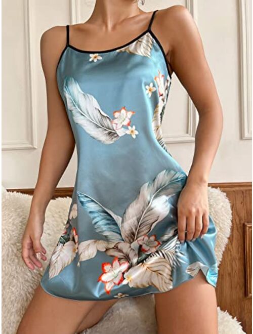 SOLY HUX Women's Floral Print Sleeveless Spaghetti Strap Slip Sleepwear Elegant Satin Cami Nightdress