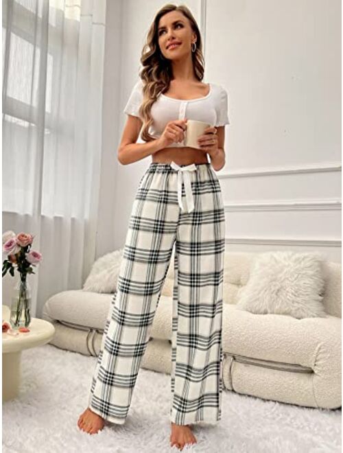 SOLY HUX Plaid Pajama Pants for Women Straight Leg High Waist Lounge Pants Casual Sleepwear PJ Bottom