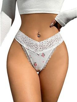 Thongs for Women Floral Print Lace Low Rise Comfy Panties Underwear Panty