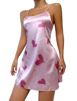Women's Silk Satin Heart Print Nightgowns Sleepwear Spaghetti Strap Slip Cami Mini Dress