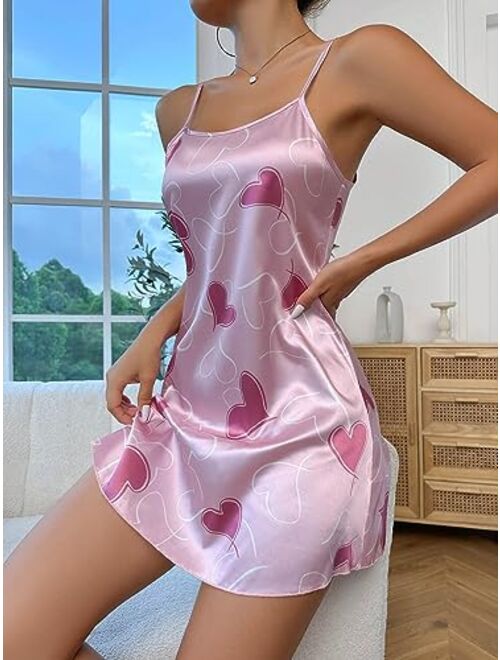 SOLY HUX Women's Silk Satin Heart Print Nightgowns Sleepwear Spaghetti Strap Slip Cami Mini Dress