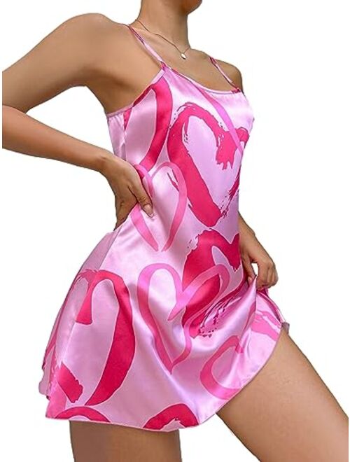 SOLY HUX Women's Heart Print Silk Satin Nightgowns Sleepwear Spaghetti Strap Slip Cami Mini Dress