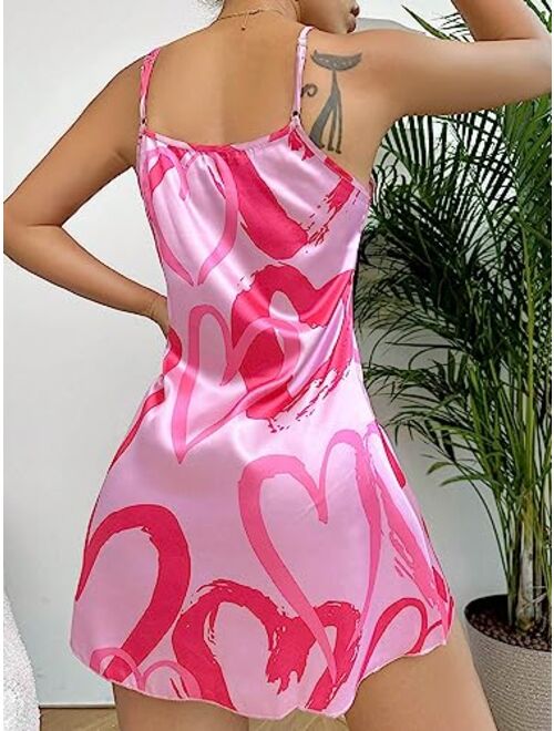 SOLY HUX Women's Heart Print Silk Satin Nightgowns Sleepwear Spaghetti Strap Slip Cami Mini Dress