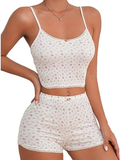 SOLY HUX Women's Ditsy Floral Print Lace Trim Cami Top and Shorts 2 Piece Pajama Set Sleepwear Loungewear