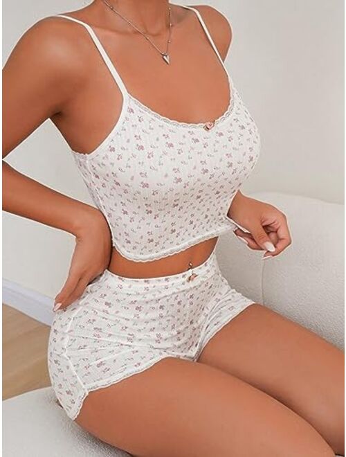 SOLY HUX Women's Ditsy Floral Print Lace Trim Cami Top and Shorts 2 Piece Pajama Set Sleepwear Loungewear