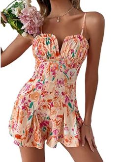 Women's Floral Boho Ruched Bust Summer Romper Ruffle Sleeveless Pleated Wide Leg Shorts Jumpsuit