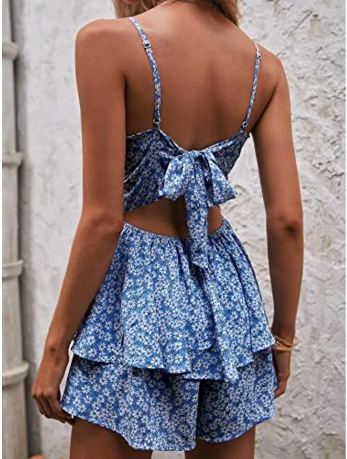 SOLY HUX Women's Summer Floral Print Cami Romper Tie Back Layered Ruffle Hem Short Jumpsuit