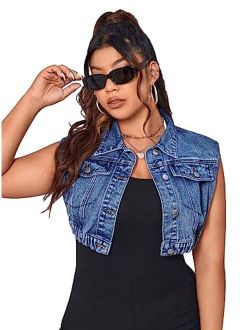 Women's Plus Size Crop Vest Denim Jacket Sleeveless Flap Pocket Summer Jean Jackets