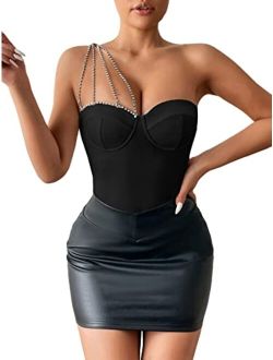 Women's Rhinestone One Shoulder Bustier Bodysuit Jumpsuit Sleeveless Sexy Club Party Cami Tops