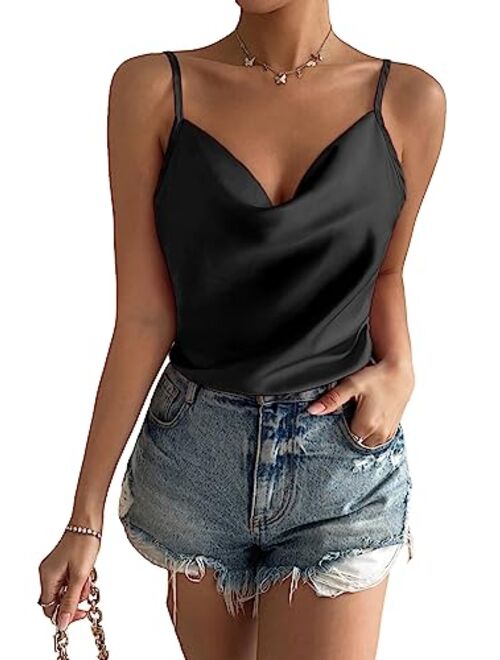 SOLY HUX Women's Cowl Neck Sleeveless Satin Leotard Bodysuit Casual Cami Tops Camisole