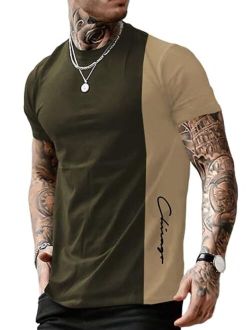 Men's Color Block Letter Print Short Sleeve T Shirt Casual Summer Tee Tops