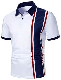 Men's Striped Print Classic Golf Shirts Short Sleeve Button Collared Casual Work Shirt Top