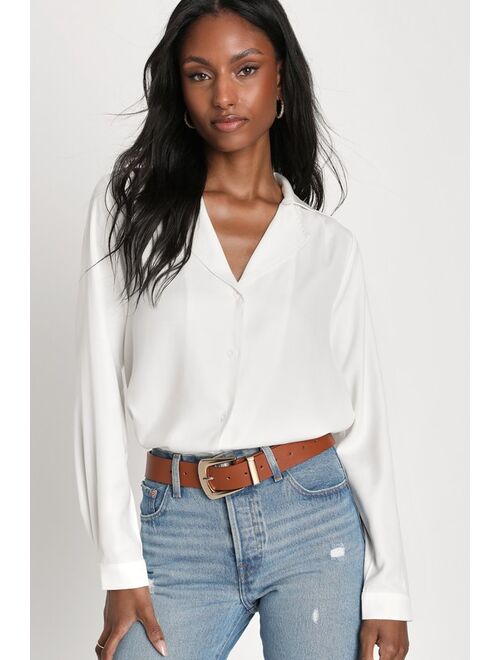 Lulus Stylish Suggestion White Collared Button-Up Long Sleeve Top