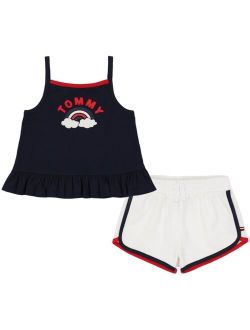 Little Girls Jersey Ruffle Hem Babydoll and Contrast-Trim Terry Shorts, 2 Piece Set