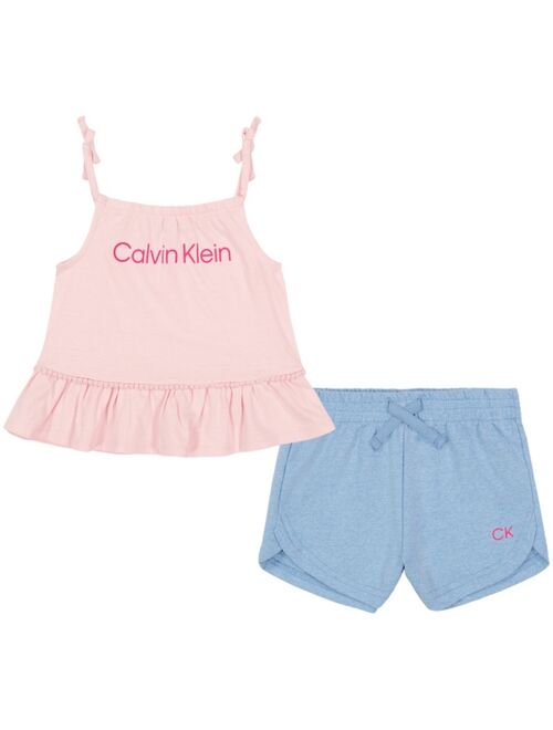 CALVIN KLEIN Little Girls Logo Baby Doll Top and Heather French Terry Shorts, 2 Piece Set