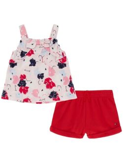 Little Girls Bow Front Printed Jersey Top and French Terry Cuffed Shorts, 2 Piece Set