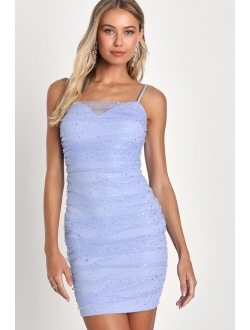 Club Chic Periwinkle Mesh Sequin Ruched Homecoming Bodycon Mini Dress