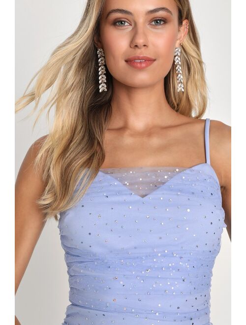 Lulus Club Chic Periwinkle Mesh Sequin Ruched Homecoming Bodycon Mini Dress
