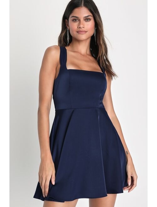 Lulus Admirably Chic Navy Blue Satin Lace-Up Homecoming Mini Dress