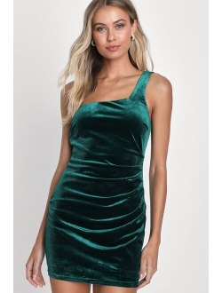 Truly Ravishing Emerald Green Velvet One-Shoulder Homecoming Mini Dress