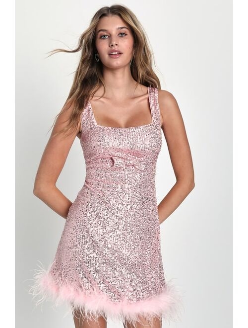 Lulus Popular Invite Pink Sequin Mesh Feather Homecoming Mini Dress