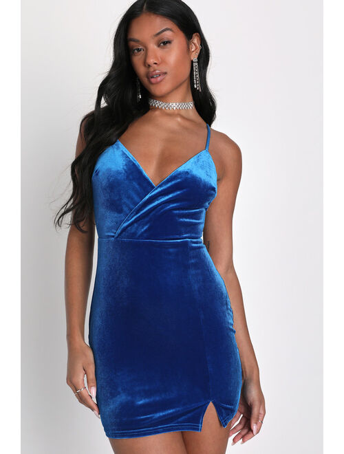 Lulus Luxurious Attitude Blue Velvet Surplice Homecoming Bodycon Mini Dress