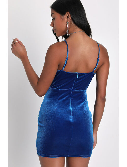 Lulus Luxurious Attitude Blue Velvet Surplice Homecoming Bodycon Mini Dress
