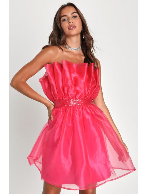 Lulus Extravagant Presence Hot Pink Sequin Strapless Homecoming Mini Dress