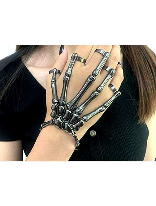 LAKIYOYO 4pcs Halloween Skull Skeleton Hand Bracelet with Ring Punk Wristband Skull Fingers Hand Bracelet Skeleton Ring Hallowmas Gifts Jewelry