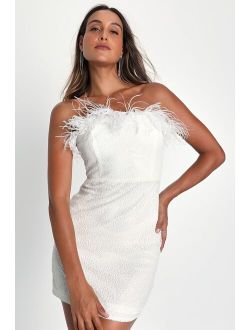 Glittering Perfection White Sequin Feather Strapless Homecoming Mini Dress