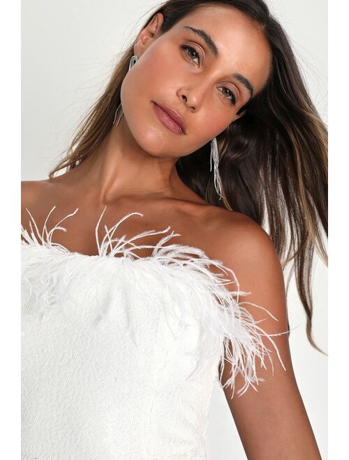 Lulus Glittering Perfection White Sequin Feather Strapless Homecoming Mini Dress