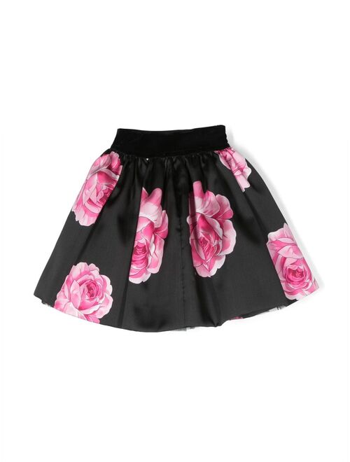 Monnalisa rose-print satin-finish skirt