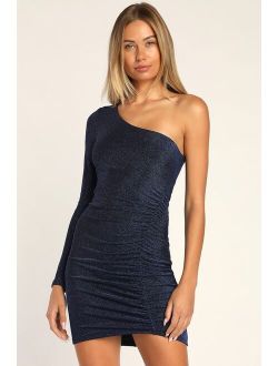 Stunner Navy Blue Metallic Ruched One-Shoulder Homecoming Bodycon Dress