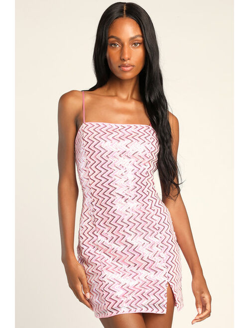 Lulus Electric Energy Pink Zigzag Sequin Homecoming Bodycon Mini Dress