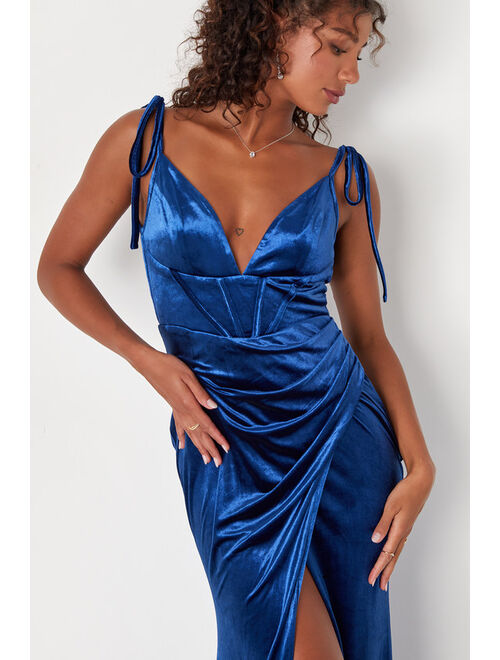 Lulus Stately Sweetie Royal Blue Velvet Bustier Tie-Strap Maxi Dress