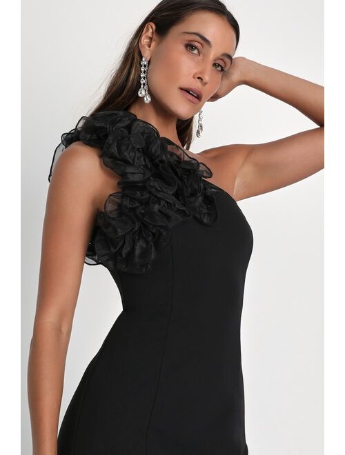 Lulus Stunning Significance Black One-Shoulder 3D Ruffled Maxi Dress