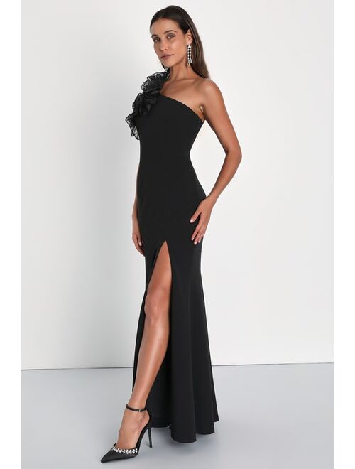 Lulus Stunning Significance Black One-Shoulder 3D Ruffled Maxi Dress