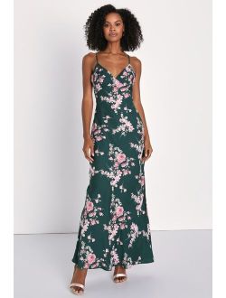 Irresistible Poise Green Floral Print Satin Slip Maxi Dress