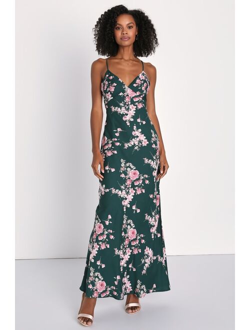 Lulus Irresistible Poise Green Floral Print Satin Slip Maxi Dress