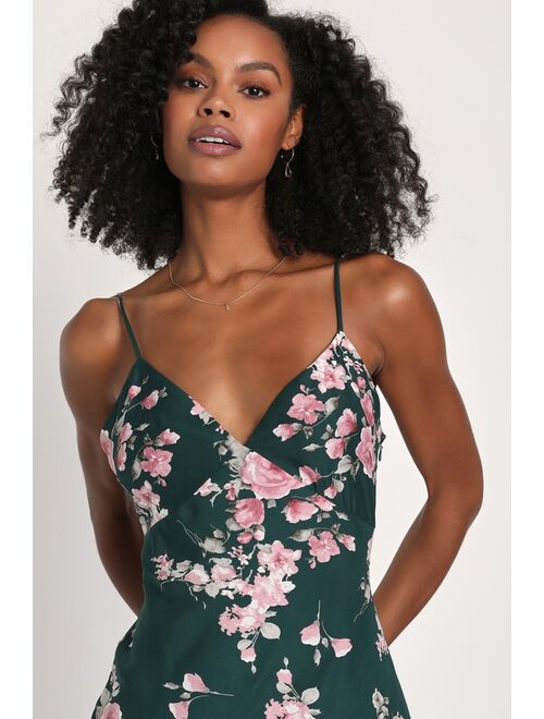 Lulus Irresistible Poise Green Floral Print Satin Slip Maxi Dress