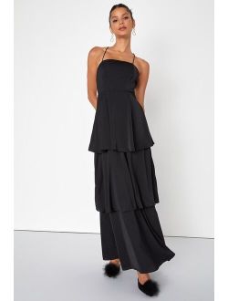 Enchantingly Lovely Black Tiered Lace-Up Maxi Dress
