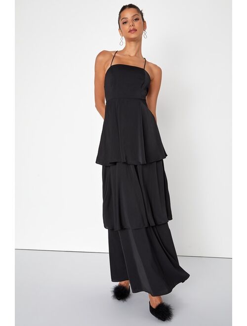 Lulus Enchantingly Lovely Black Tiered Lace-Up Maxi Dress