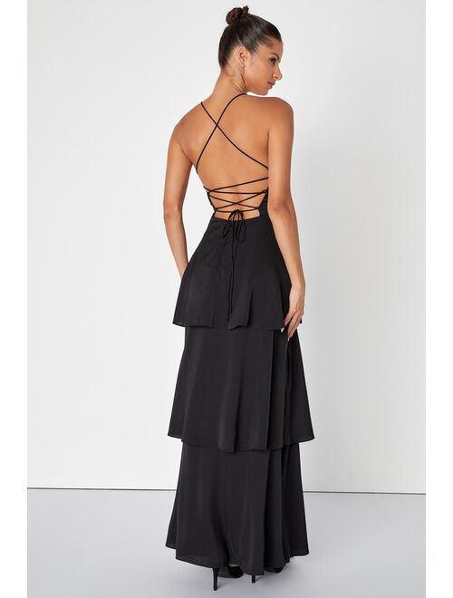 Lulus Enchantingly Lovely Black Tiered Lace-Up Maxi Dress