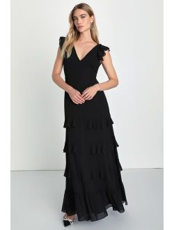 Exquisite Charm Black Backless Ruffled Tiered Maxi Dress