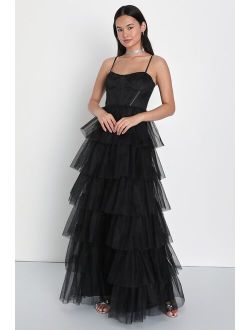Rule the Runway Black Tulle Bustier Tiered Maxi Dress
