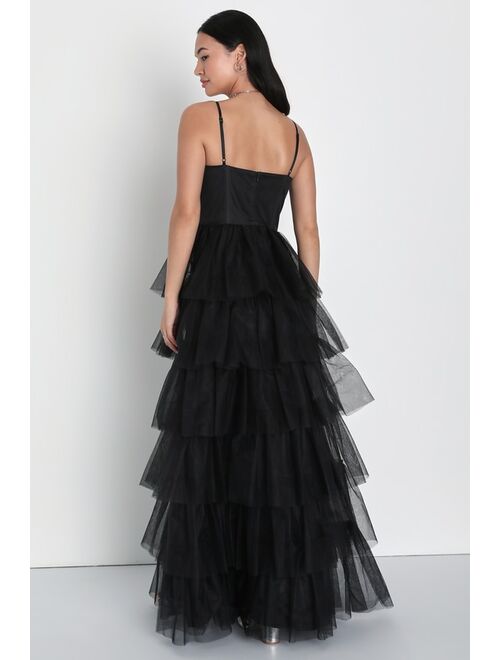 Lulus Rule the Runway Black Tulle Bustier Tiered Maxi Dress