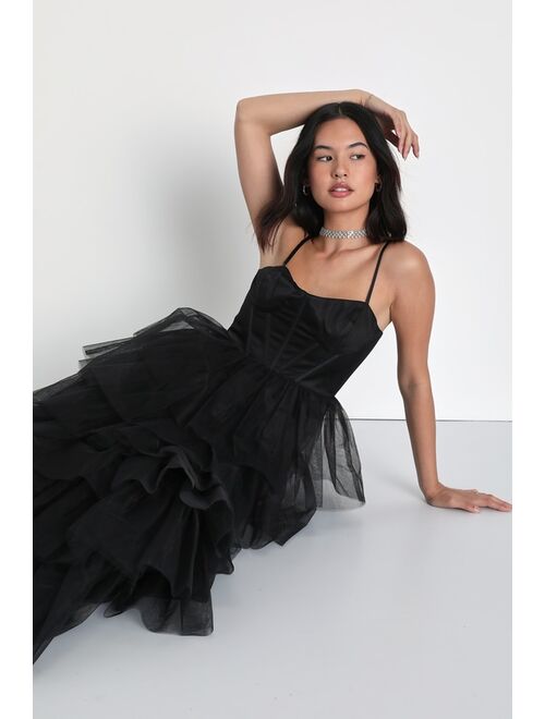 Lulus Rule the Runway Black Tulle Bustier Tiered Maxi Dress