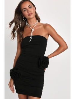 Attentive Allure Black Strapless Rosette Bodycon Mini Dress